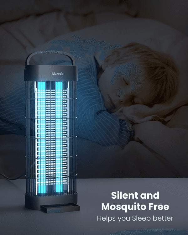 Mosquito zapper next to a sleeping child in bed with text 'Silent and Mosquito Free' and 'Helps you sleep better'.