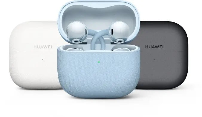 HUAWEI wireless earbuds in a charging case on a white background