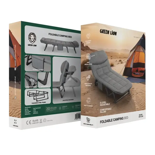 Close-up of storage pockets on Green Lion foldable camping bed