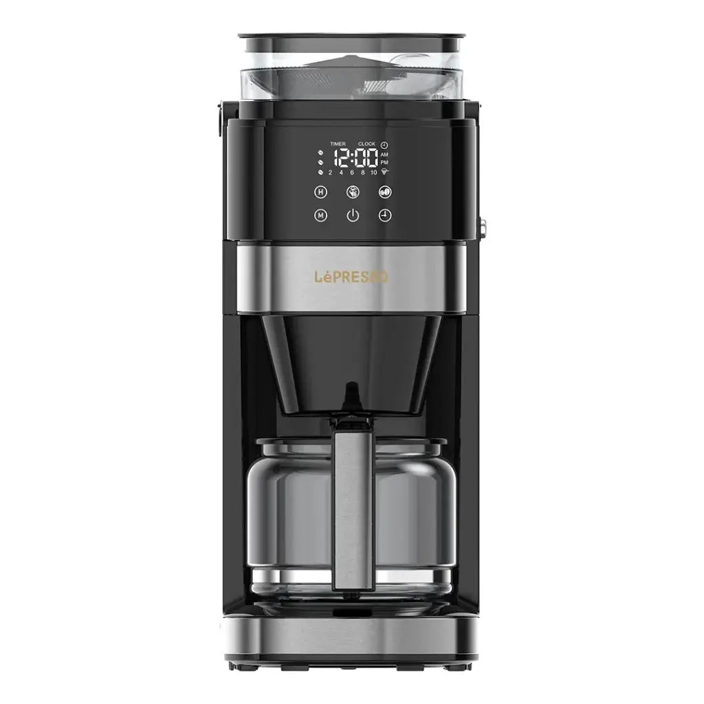 Digital coffee machine with conical burr grinder.