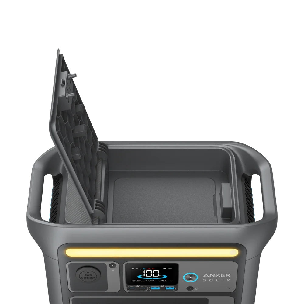 Top view of the Anker SOLIX C800 showing the built-in storage for cables and gear.