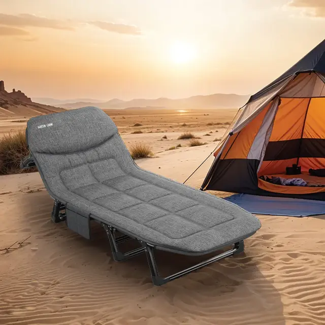 Green Lion camping bed showing adjustable backrest