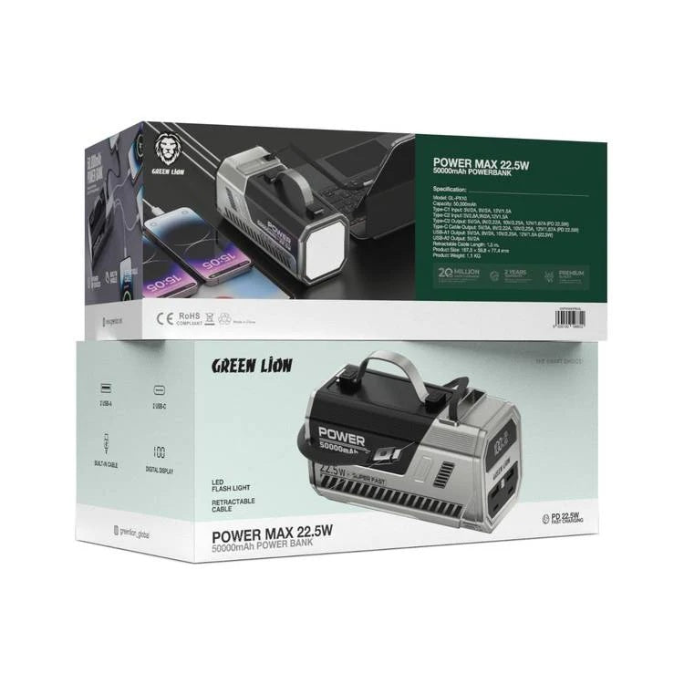 Green Lion Power Max Power Bank With High Lumens LED Flash Light, 50K mAh,  Fast Charging, Retractable Cable, Digital Display, Multi Device Charging - Silver