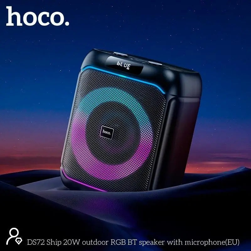 The HOCO DS72 speaker standing in an outdoor setting, highlighting its portability and ABS construction.