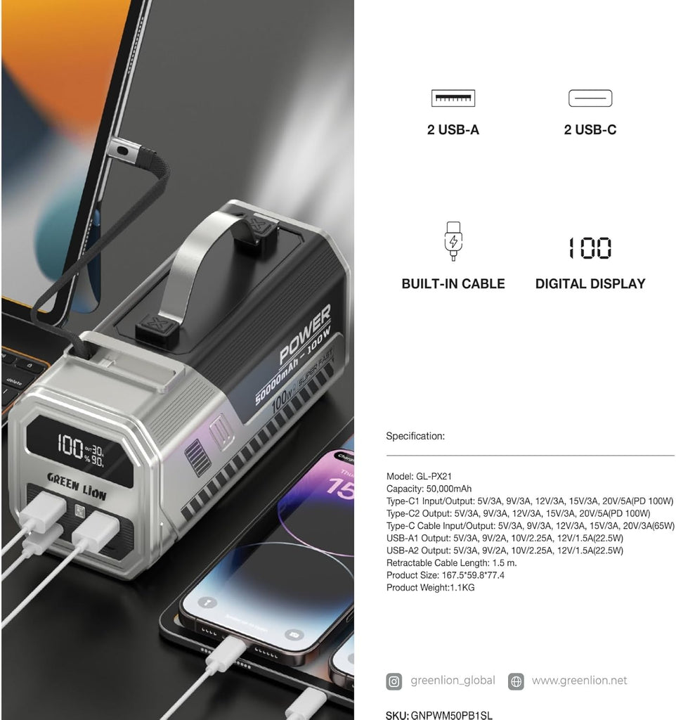 Green Lion Power Max Power Bank With High Lumens LED Flash Light, 50K mAh,  Fast Charging, Retractable Cable, Digital Display, Multi Device Charging - Silver