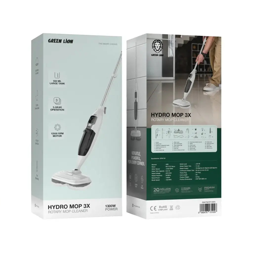 Powerful Green Lion steam mop with 130RPM brush speed, 550mL water tank, and 3-level cleaning operation.