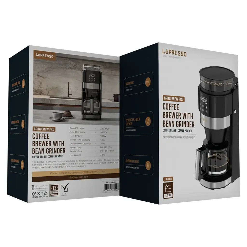 Stylish LePresso brewer with 1.35L water tank.
