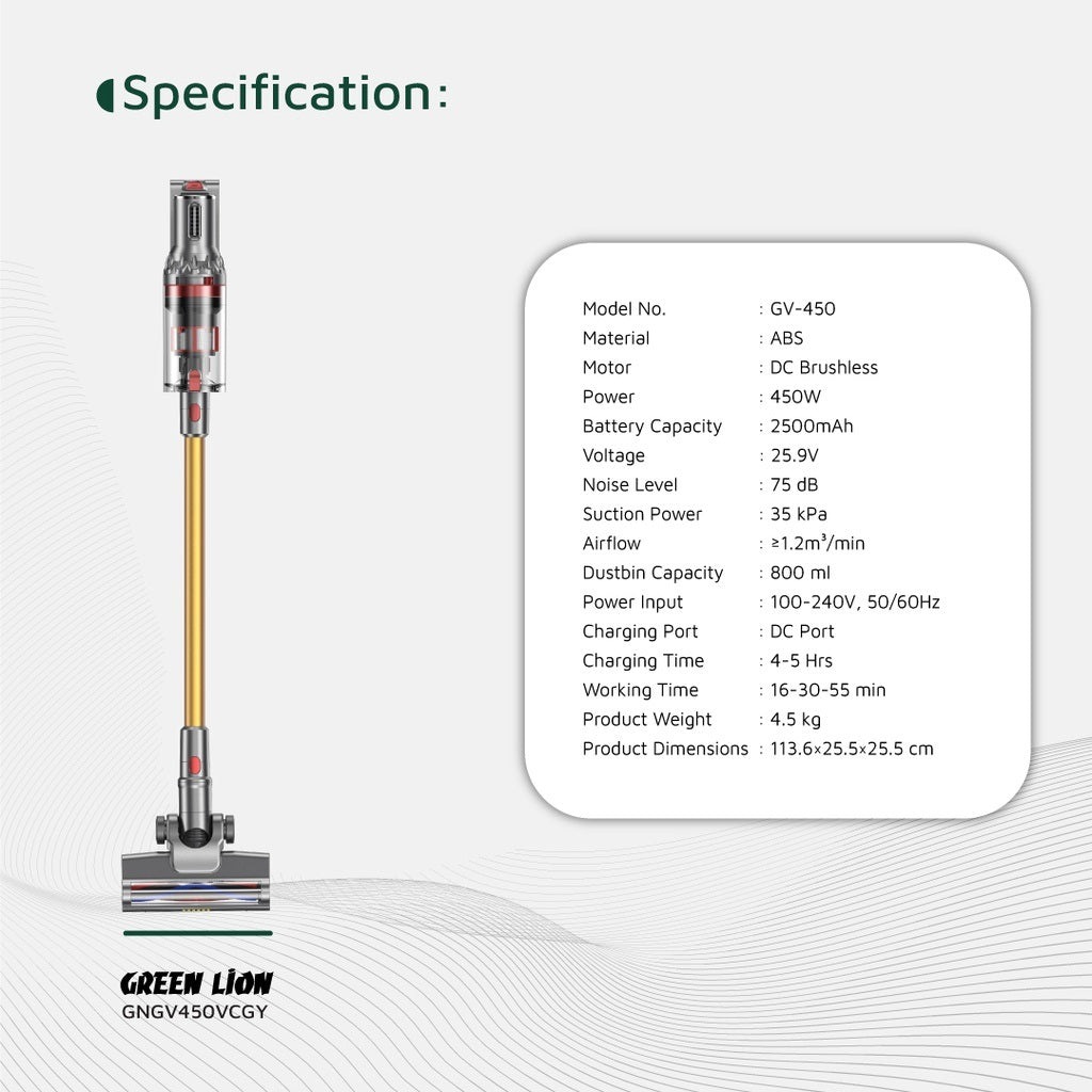 Green Lion GV-450 Cordless Vacuum Cleaner - Gray & Gold
