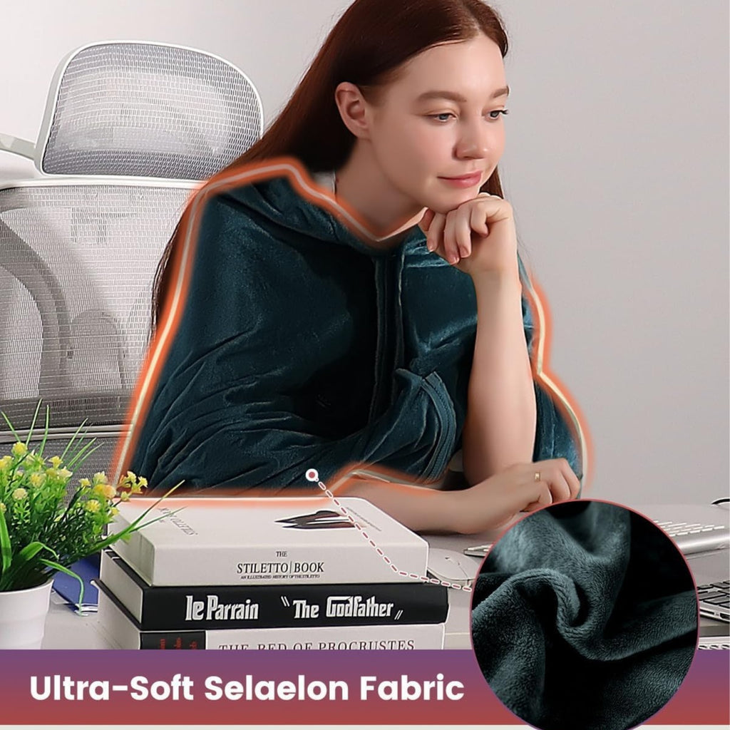 Close-up of 3 temperature settings controller on heated shawl.	لقطة قريبة لجهاز التحكم بـ 3 مستويات حرارة في شال التدفئة.