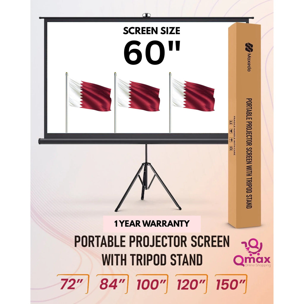 Moxedo Carry N Go Portable Projector Screen on tripod stand, 120-inch size.