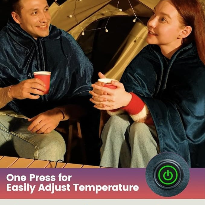 Wearable electric blanket wrap for office use in grey soft fabric.	بطانية كهربائية قابلة للارتداء للمكتب مصنوعة من قماش ناعم رمادي.